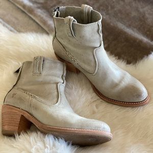 Light grey Frye ankle boots (10B), back zipper.